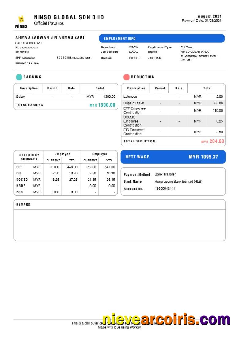 Ninso Global Sdn. Bhd. payslip